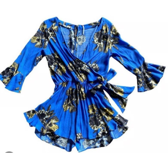 Free People '25 Royal Blue Floral Romper Rush Ruffles Wrap Front about Sz L-XL - Picture 5 of 16